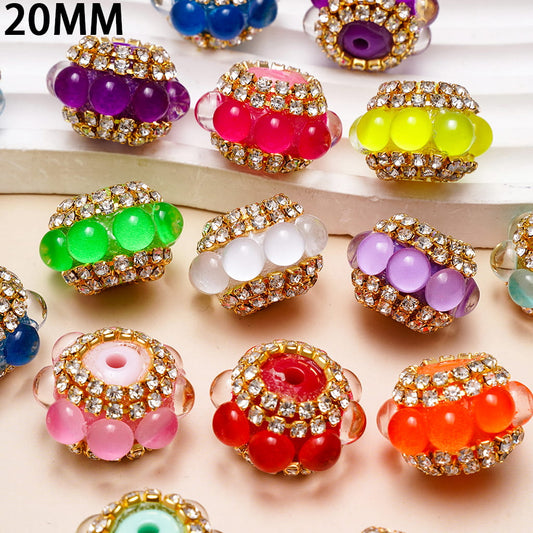 Hand-Made Neon Colors, Half-Shell Round Design Gold Chains & Clear Rhinestones Round Acrylic Beads 20MM, Random Mix