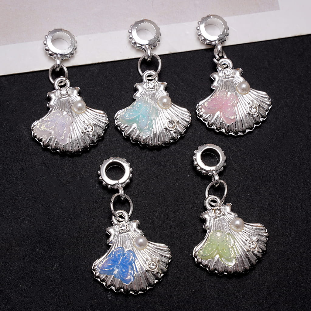 Alloy Bail Loop Beads, Charm Pendants Seashell with Butterfly and White Pearl, Assorted Colors,  Random Mix