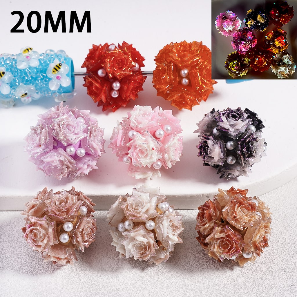 Luminous Cute Mini Rose Glitter & White Pearls Round Clay Bead 20MM Random Mix