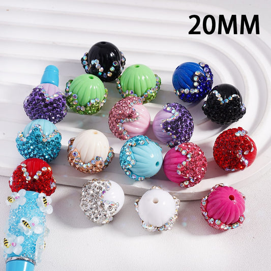 Clay Flower Pumpkin with Rhinestones Solid Color Round Acrylic Beads 20MM, Random Mix