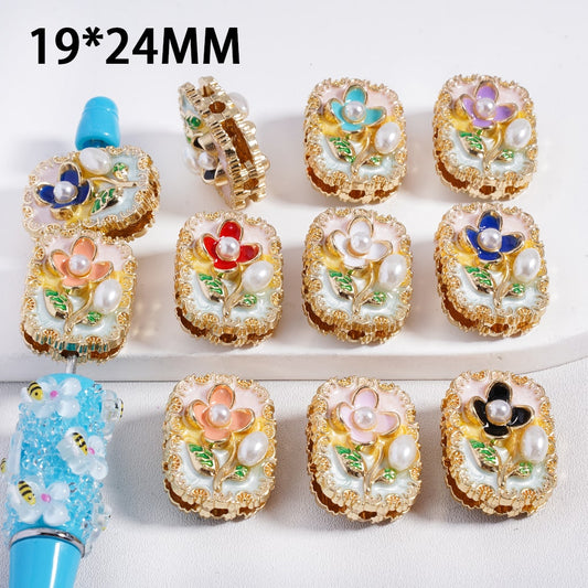 Cute Flower & White Pearl Rectangle Shape Fancy Gold Alloy Beads 19*24MM, Random Mix