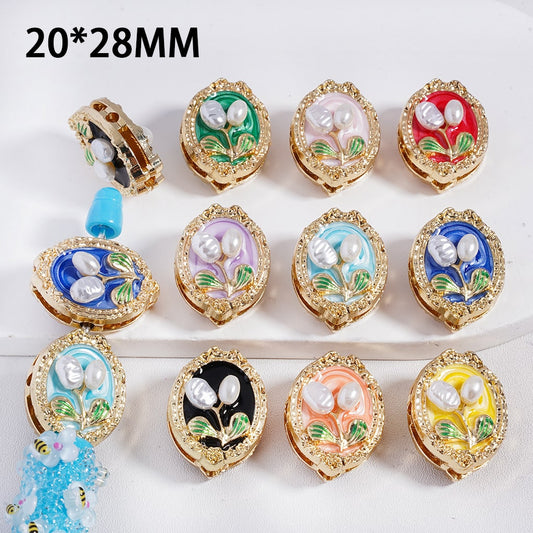 Fancy Gold Alloy Beads White Pearl & Flower Motif, Oval Shape 20*28MM, Random Mix