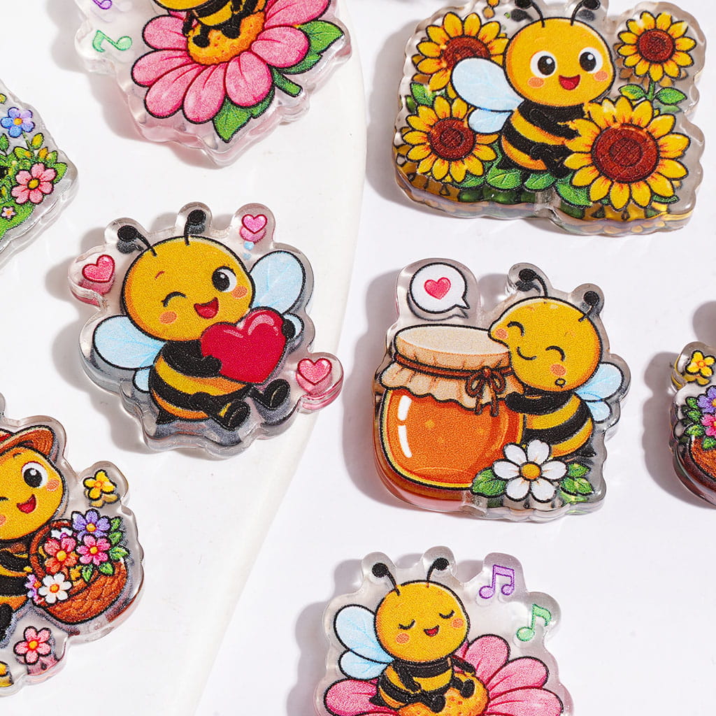 Cute Honey Bee Character Semi-Clear Acrylic Beads with Sunflowers, Honey Jar, Flowers, Heart & Garden Designs, Random Mix