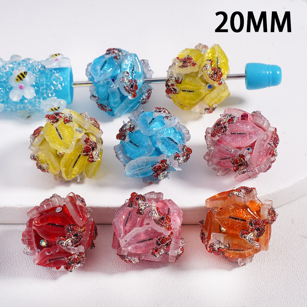 Vivid Glitter Lips with AB Rhinestones Round Clay Beads 20mm Random Mix