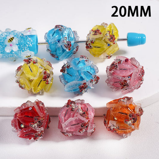 Vivid Glitter Lips with AB Rhinestones Round Clay Beads 20mm Random Mix