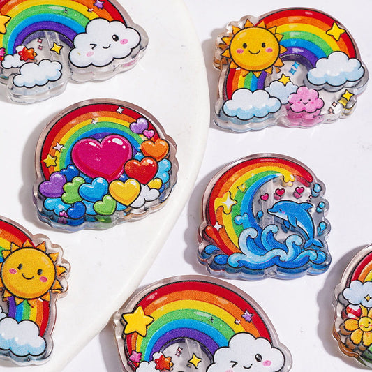 Cute Rainbow Sky Theme Acrylic Beads with Smiling Clouds, Hearts, Flowers, Sunshine & Dolphin Designs, Semi-Clear Random Mix