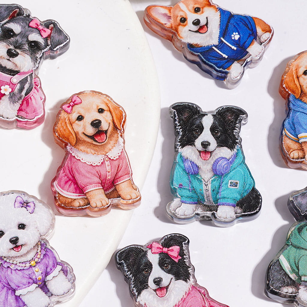 Cute Fashion Pet Dog Character Acrylic Beads with Hoodies, Dresses, Bows & Various Clothes, Random Mix