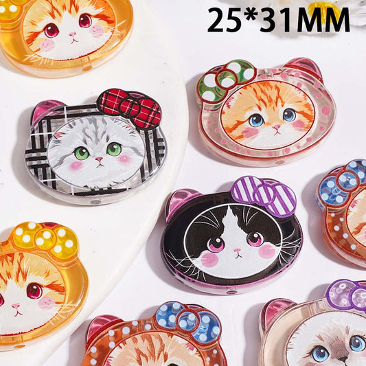 Kitty Face Head with Various Style Cute Ribbon Bow Semi-Clear Acrylic Beads, 25*31MM, Random Mix