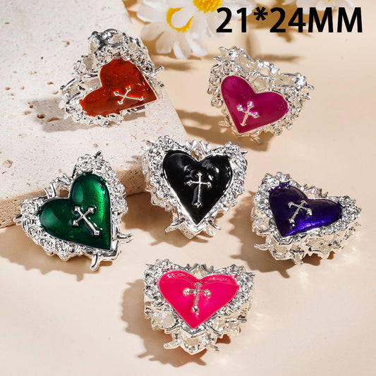 Multi-Color Alloy Beads Rose Flower Edged Heart with Cross, 21*24MM Random Mix