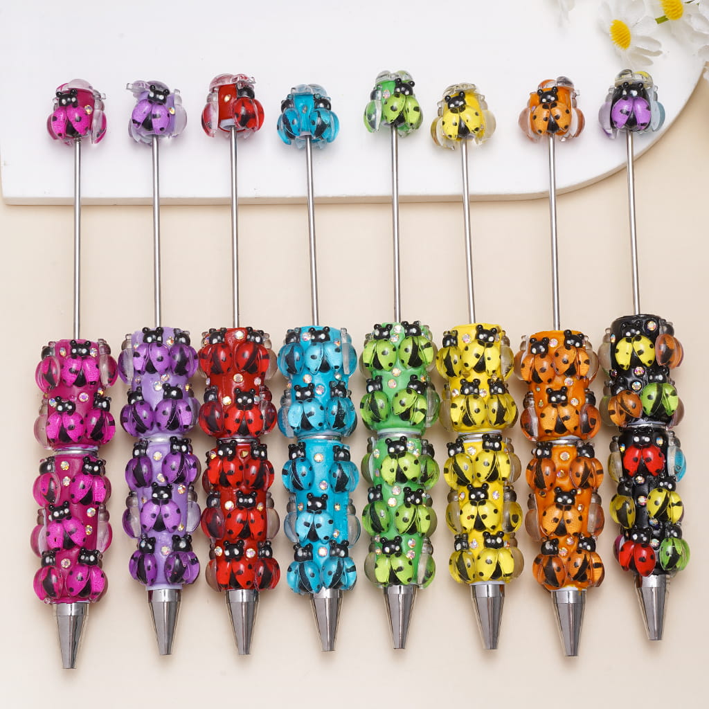 Beadable Clay Pens with Clear Ladybug and AB Rhinestones, Various Colors, Random Mix