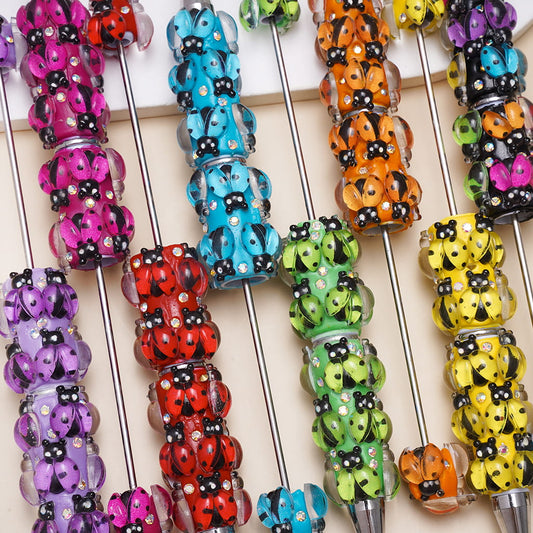 Clear Ladybug Design and AB Rhinestones Assorted Colors Beadable Clay Pens Random Mix