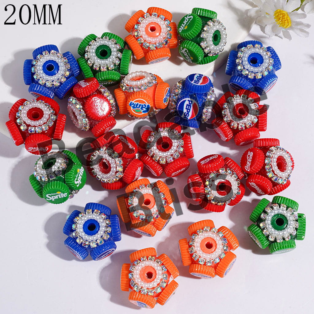 Handmade Acrylic Beads with Soda Drinking Bottle Cap, AB Rhinestones and White Pearl Chains, 20MM Random Mix
