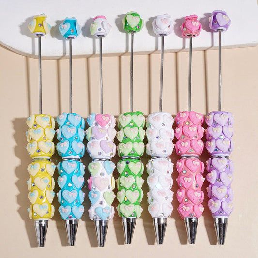 Cute Pastel Heart and Mini Bowtie Love Design Beadable Clay Pens with AB Rhinestones, Multi-Color Assorted Colors, Random Mix
