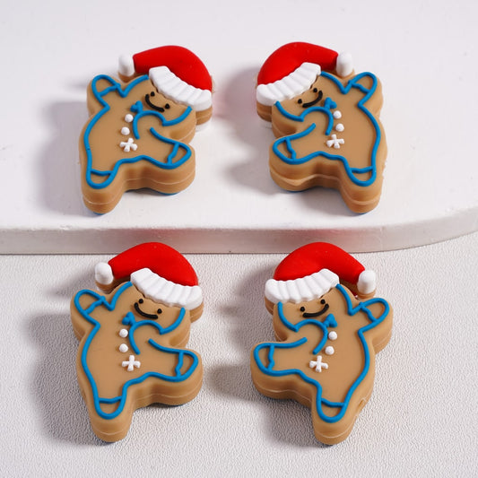 Cute Dancing Gingerbread Man Red Christmas Hat Charm Silicone Focal Bead