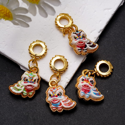 Gold Metal Bail Beads with Traditional Chinese Lion Dance Charm Pendants, Random Mix