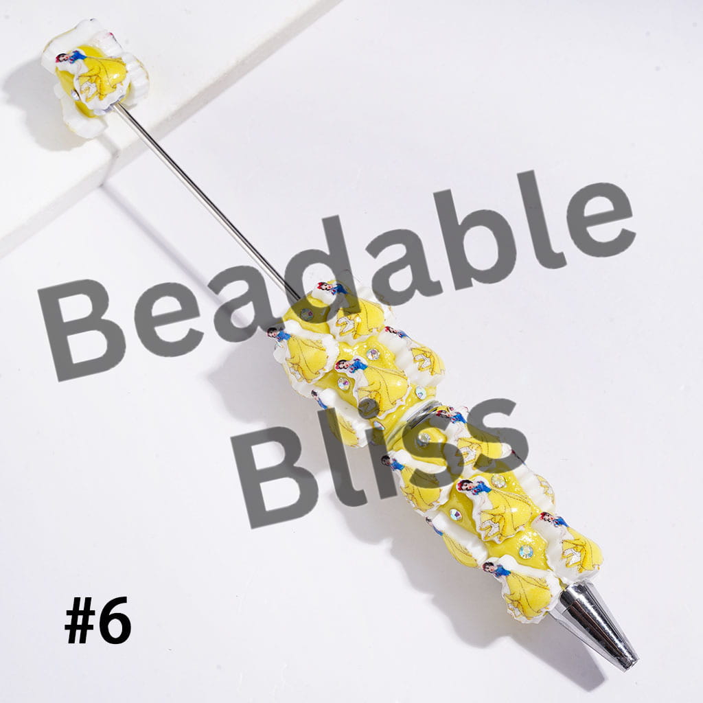 Beadable Clay Pens with Classic Animation Pretty Princess Character Theme, AB Rhinestones