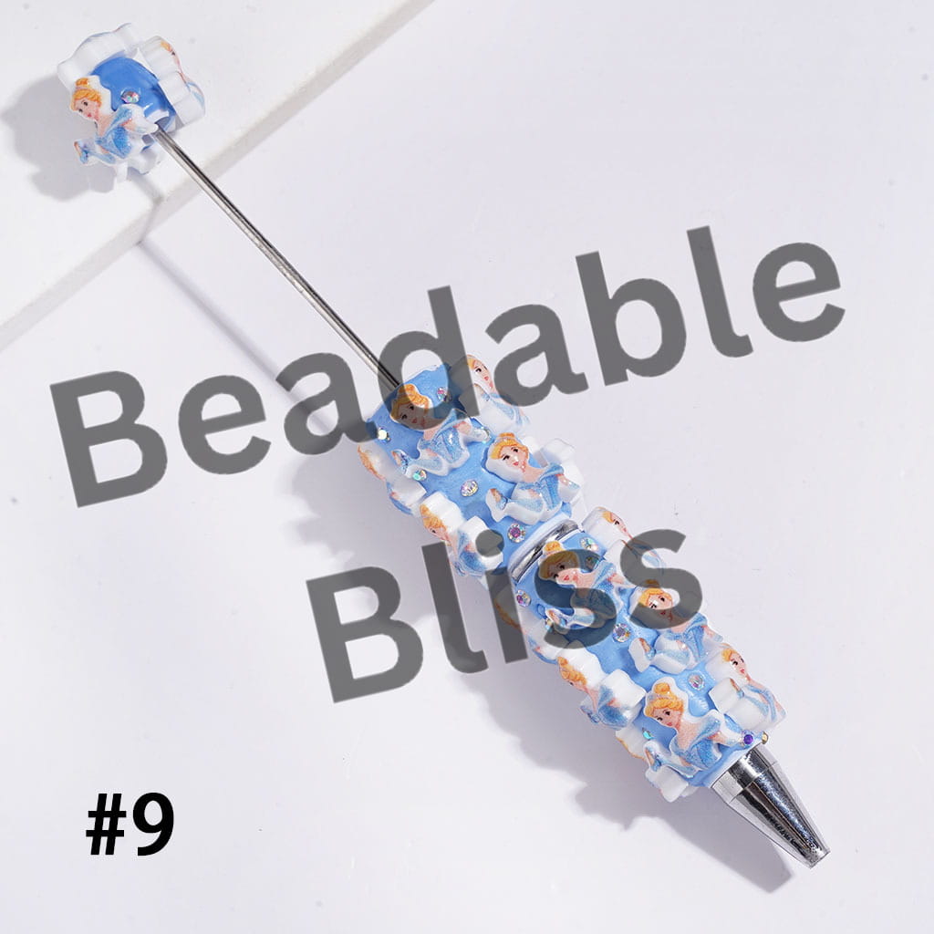 Beadable Clay Pens with Classic Animation Pretty Princess Character Theme, AB Rhinestones