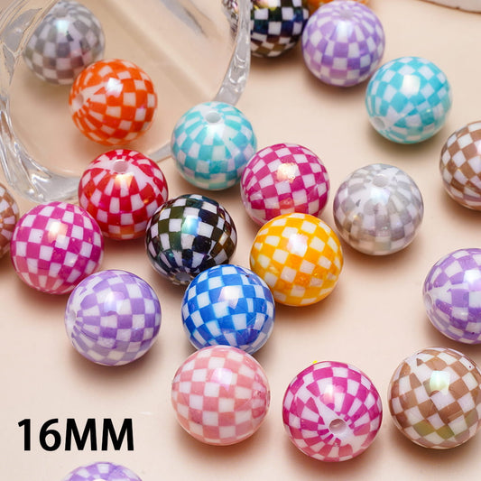 UV Coating Checkered Pattern Design Print in Various Colors Round Acrylic Beads for Bracelets 16MM