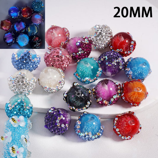 Luminous Clear Clay Glitter Flower Inside with Shiny Colorfull Rhinestones  Round Acrylic Beads 20MM, Random Mix
