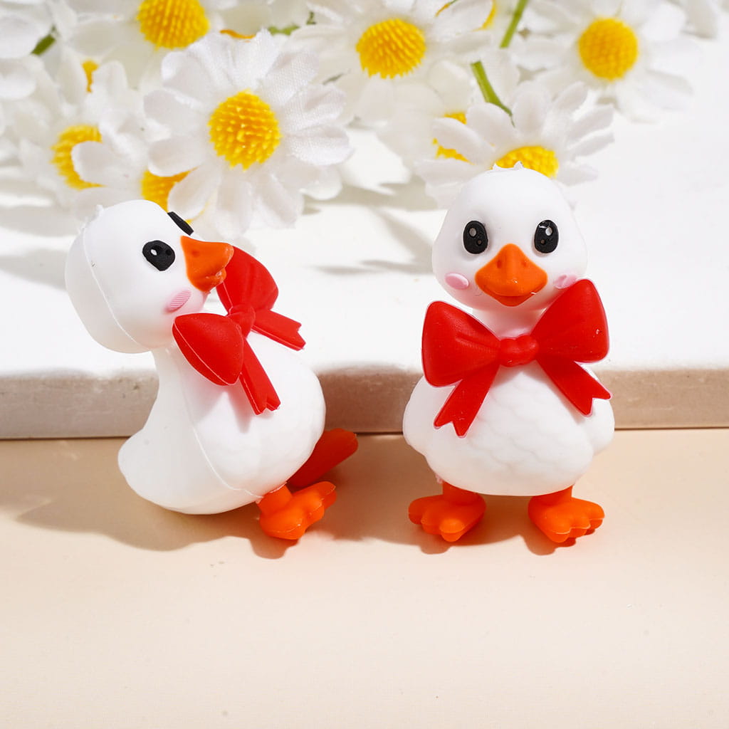 3D Silicone Focal Beads Cute Duck with Red and Pink Bowtie