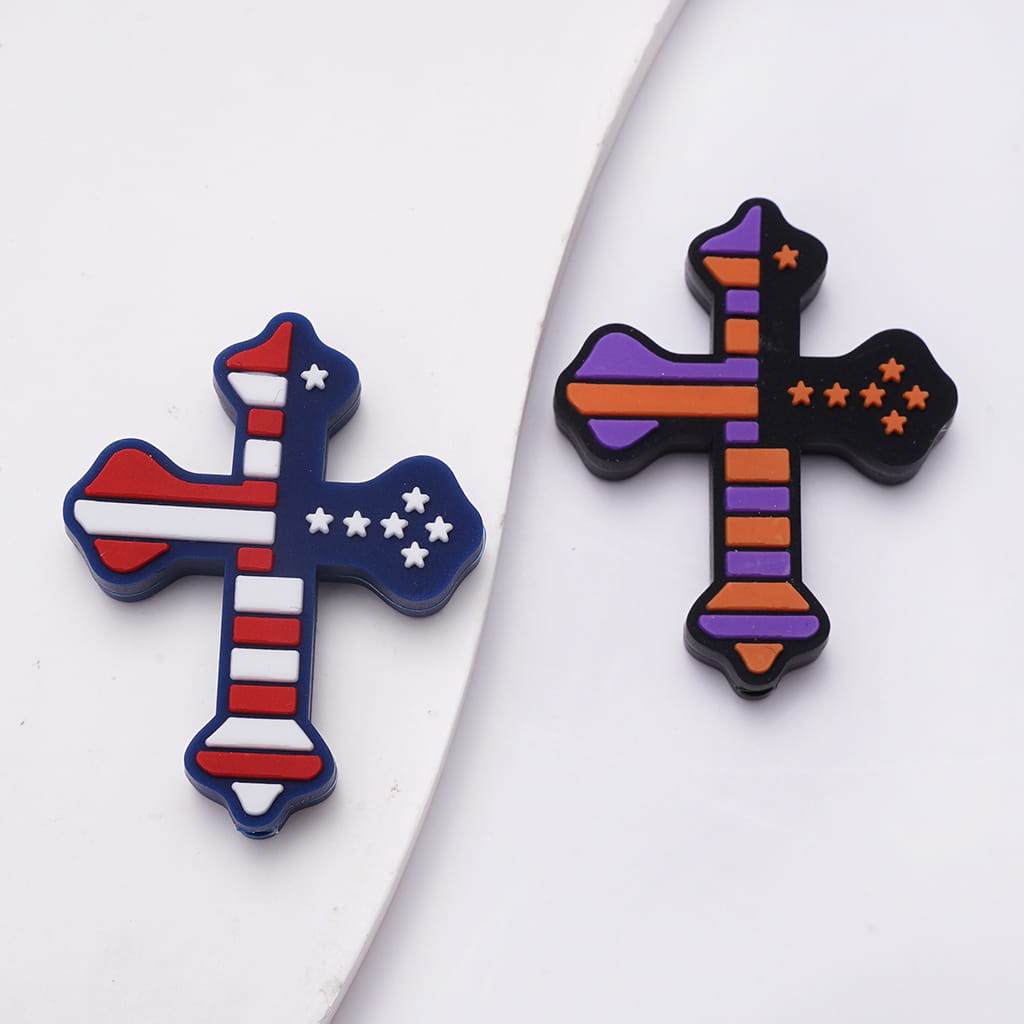 Cross Silicone Focal Beads with American Flag and Orange Purple Stripes Stars