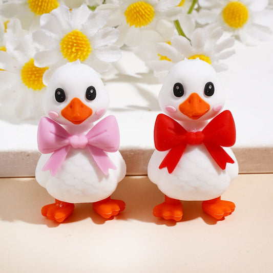 Cute White Duck with Red and Pink Bowtie Bow Design Silicone Focal Beads, Random Mix