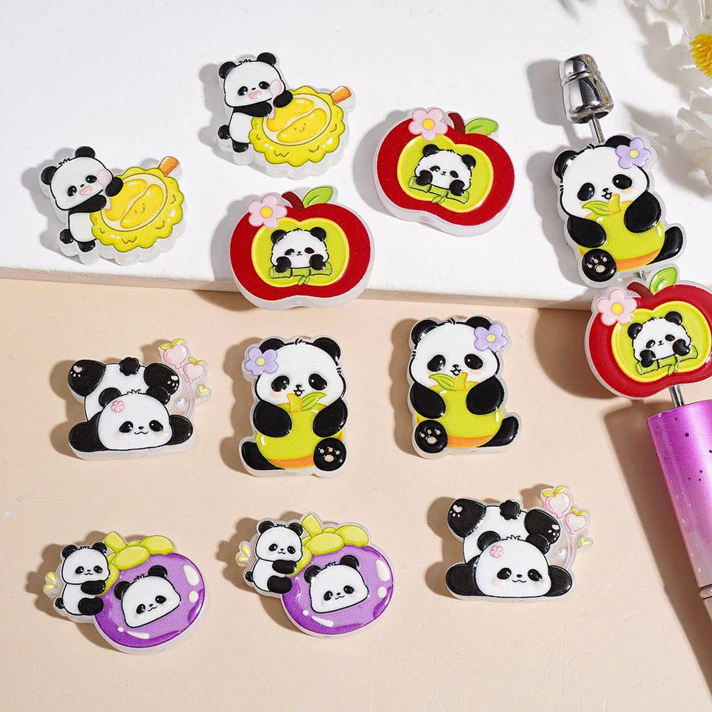 Cute Panda Bear with Fruit & Flower Print in Diverse Style Acrylic Beads, Various Shapes, Random Mix
