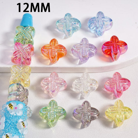 UV Coated Cute Four Leaf Clover Flower Large Hole Acrylic Beads Translucent Color, 12MM, Random Mix