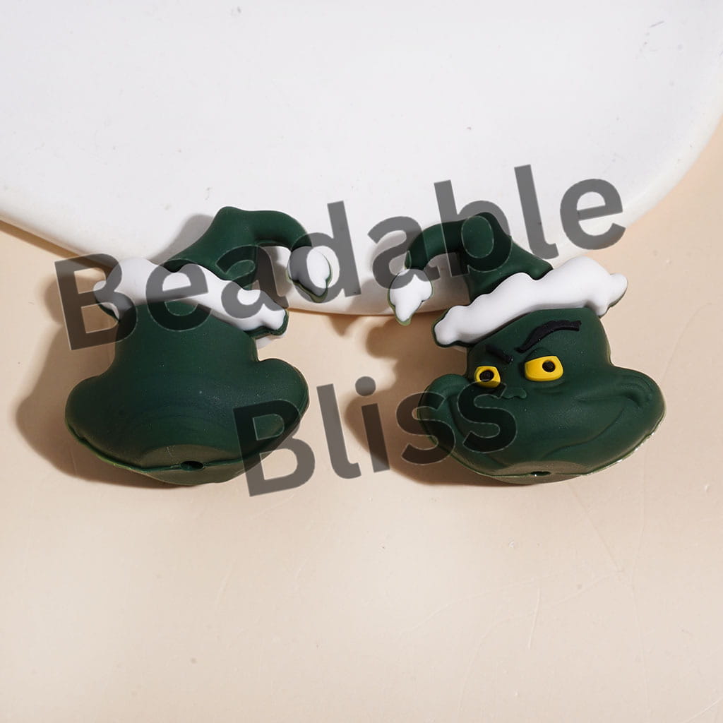 3D Green Character Wearing Christmas Hat Silicone Focal Beads, Multi-Color