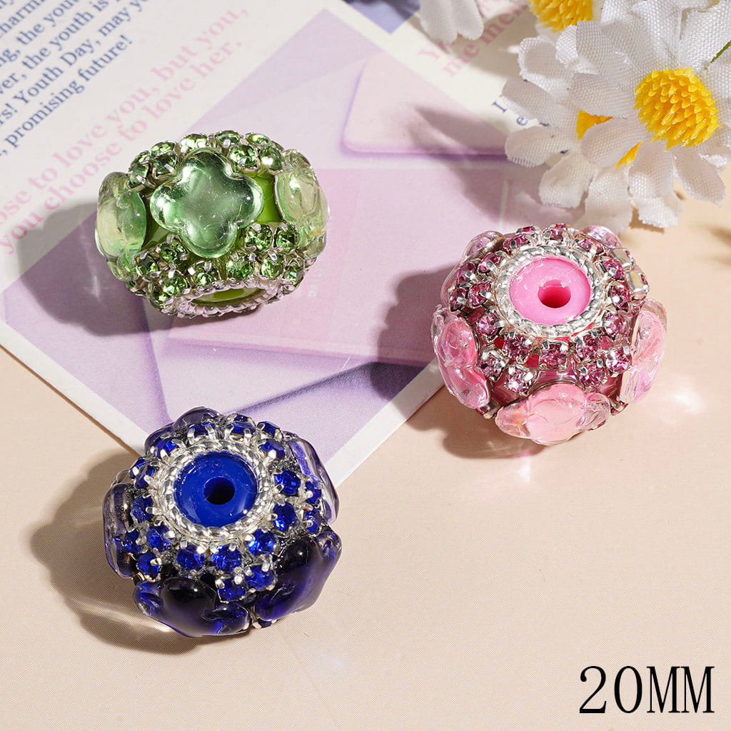 Handmade Acrylic Beads w Four-Petaled Flower Shaped & Rhinestone Chains, Silver Metal Circle, 20MM Random Mix Multi-Color