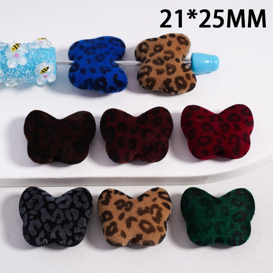 Fluffy Flocked Jaguar Print & Butterfly Motifs, Acrylic Beads 21*25MM, Random Mix