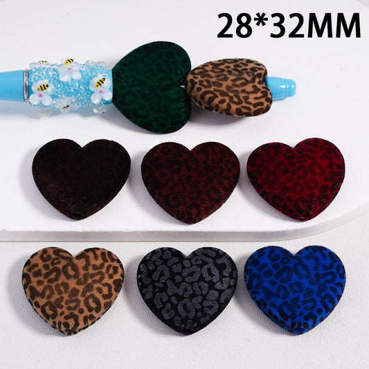Fluffy Flocked Jaguar Print Heart Shape Design Acrylic Beads 28*32MM, Random Mix