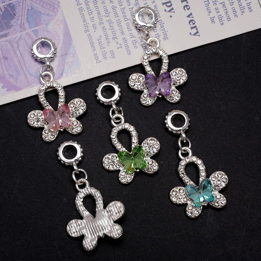Silver Metal Bail Beads Dangle Butterfly charms Four-leaf clover Clear rhinestones pendant Random Mix