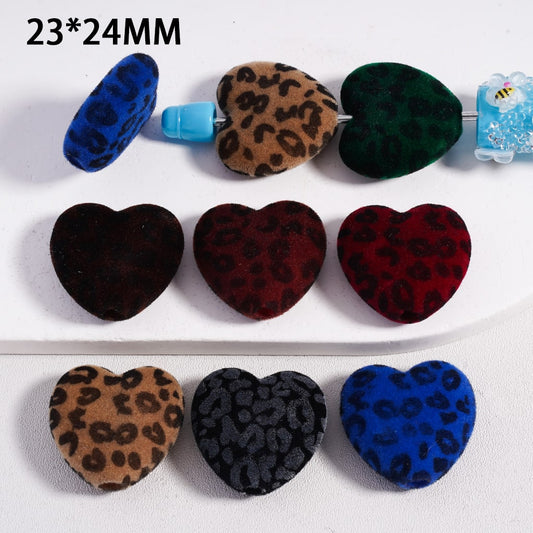 Cute Flocked Fluffy Jaguar Print Heart Shape Design Acrylic Beads 23*24MM, Random Mix