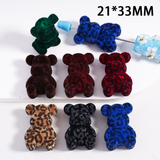 Cute Flocked Fluffy Jaguar Printed Bearbric Acrylic Beads , 21*33MM, Random Mix