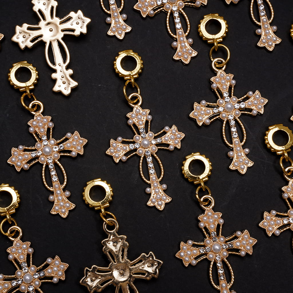 Gold Alloy Bail Beads with Pendant Charms Cross in Religion Theme, w Clear Rhinestones and White Pearls, Ornament Accessories