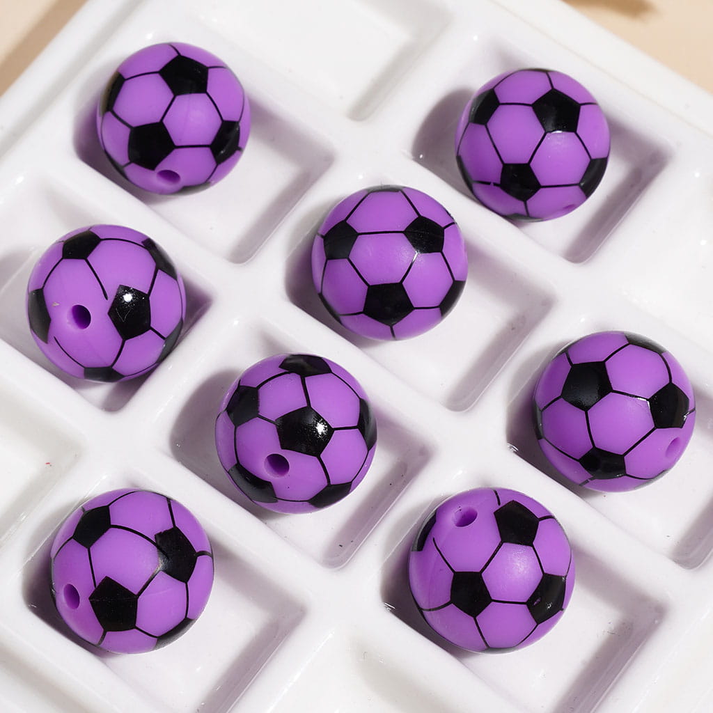 Soccer Ball Football Design Sports Theme Print Round Silicone Beads, Multi-Color Random Mix