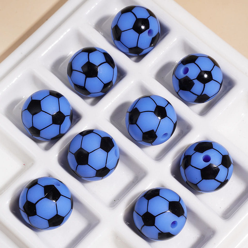 Soccer Ball Football Design Sports Theme Print Round Silicone Beads, Multi-Color Random Mix