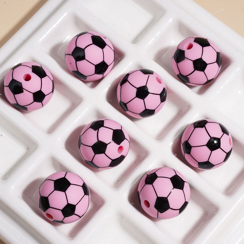 Soccer Ball Football Design Sports Theme Print Round Silicone Beads, Multi-Color Random Mix