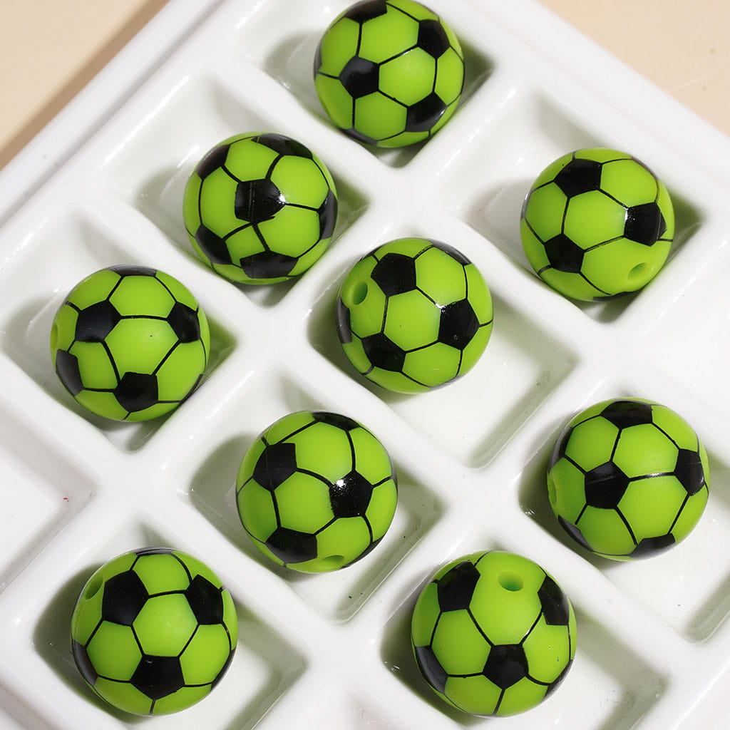 Soccer Ball Football Design Sports Theme Print Round Silicone Beads, Multi-Color Random Mix