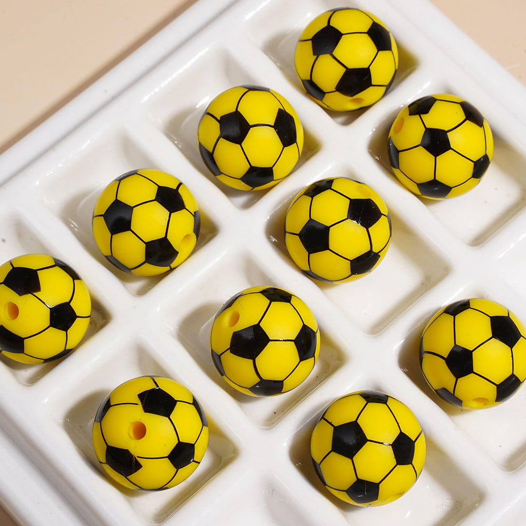 Soccer Ball Football Design Sports Theme Print Round Silicone Beads, Multi-Color Random Mix