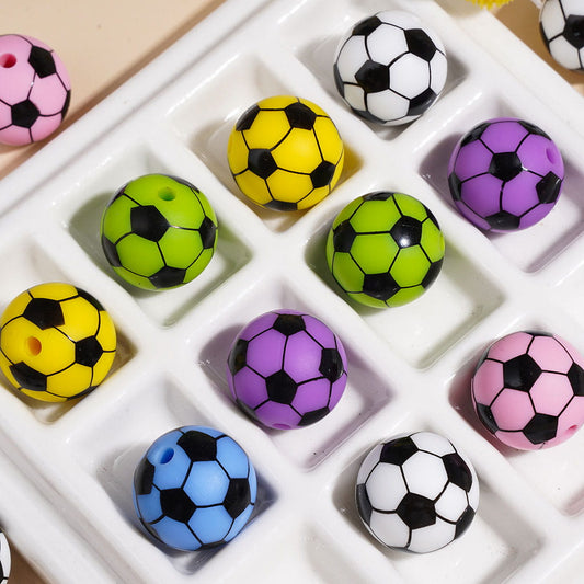 Soccer Ball Football Design Sports Theme Print Round Silicone Beads, Multi-Color Random Mix