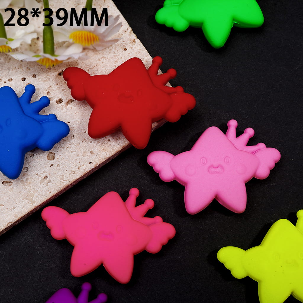 Acrylic Beads Star with Crown and Wings in Matte Rubber Touch, Fluorescent Color, 28*39MM, Random Mix