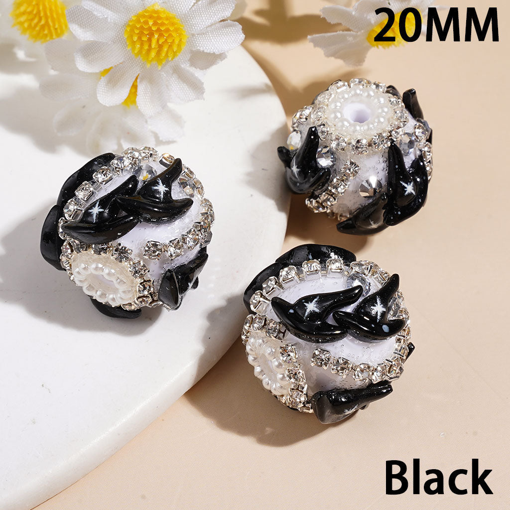 Black & White Wizard Hat with Cross Halloween Series, Handmade Acrylic Beads with Clear Rhinestones & White Pearls, 20MM, Multi-Color Random Mix
