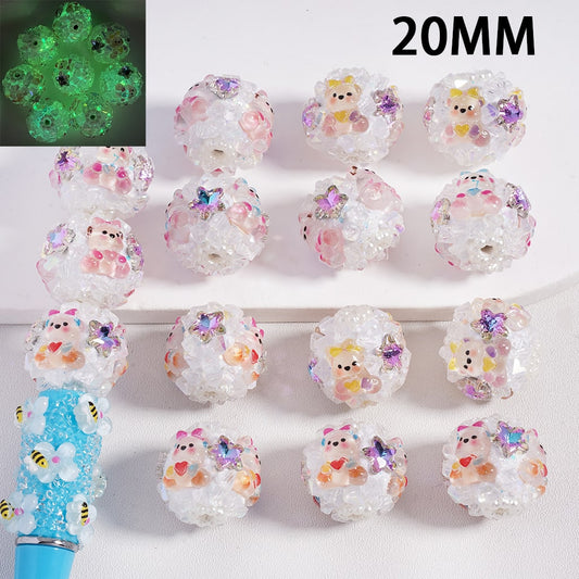 Luminous Bear Rhinestones, Stars & White Pearls Round Clay Beads 20MM, Random Mix