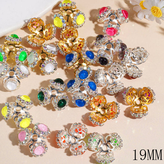 Gold & Silver Alloy Bead Caps with Oval Gemstone Half-Shell Rhinestones & AB Rhinestone Chains, 19MM, Random Mix (They Fit 14MM Beads)