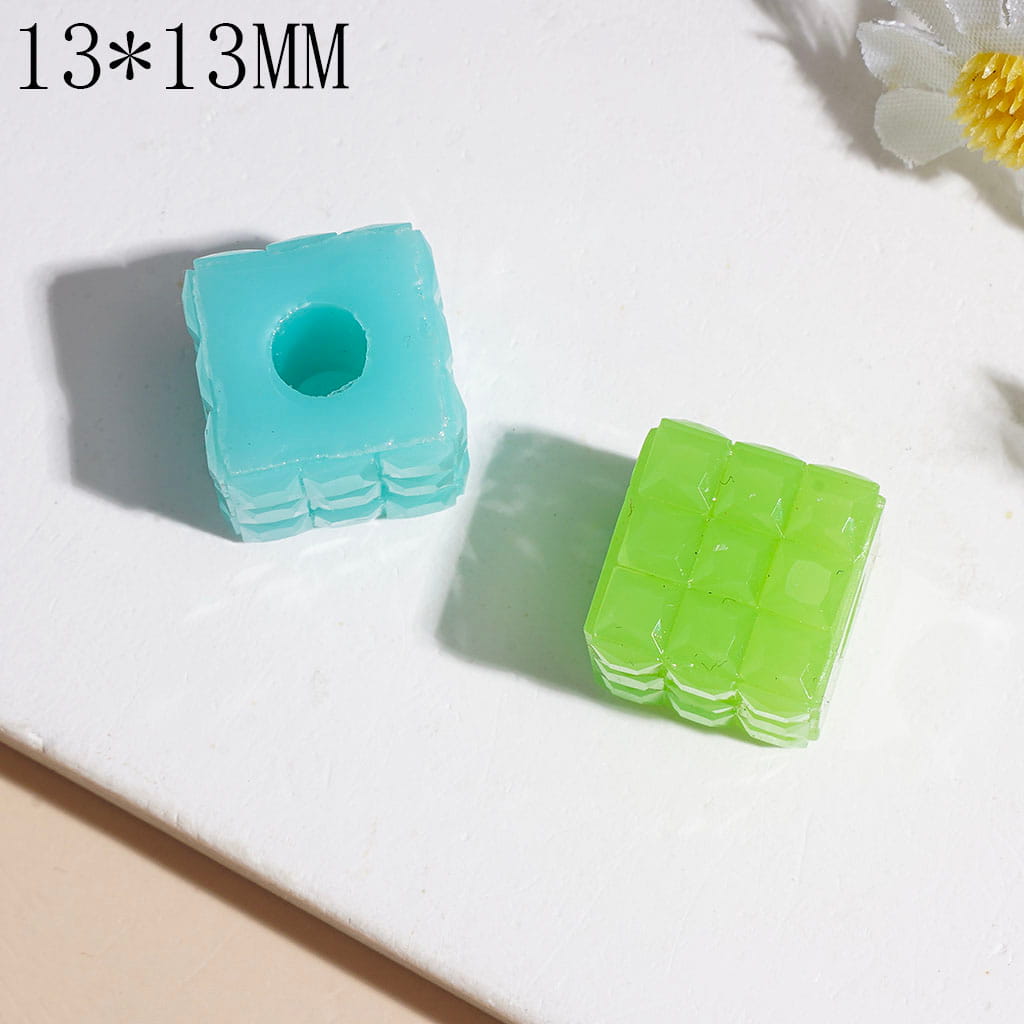 Faceted Texture Square Cube Shape Acrylic Beads with Large Hole, 13*13MM, Multi-Color Random Mix (The Hole Diameter is Around 4MM)