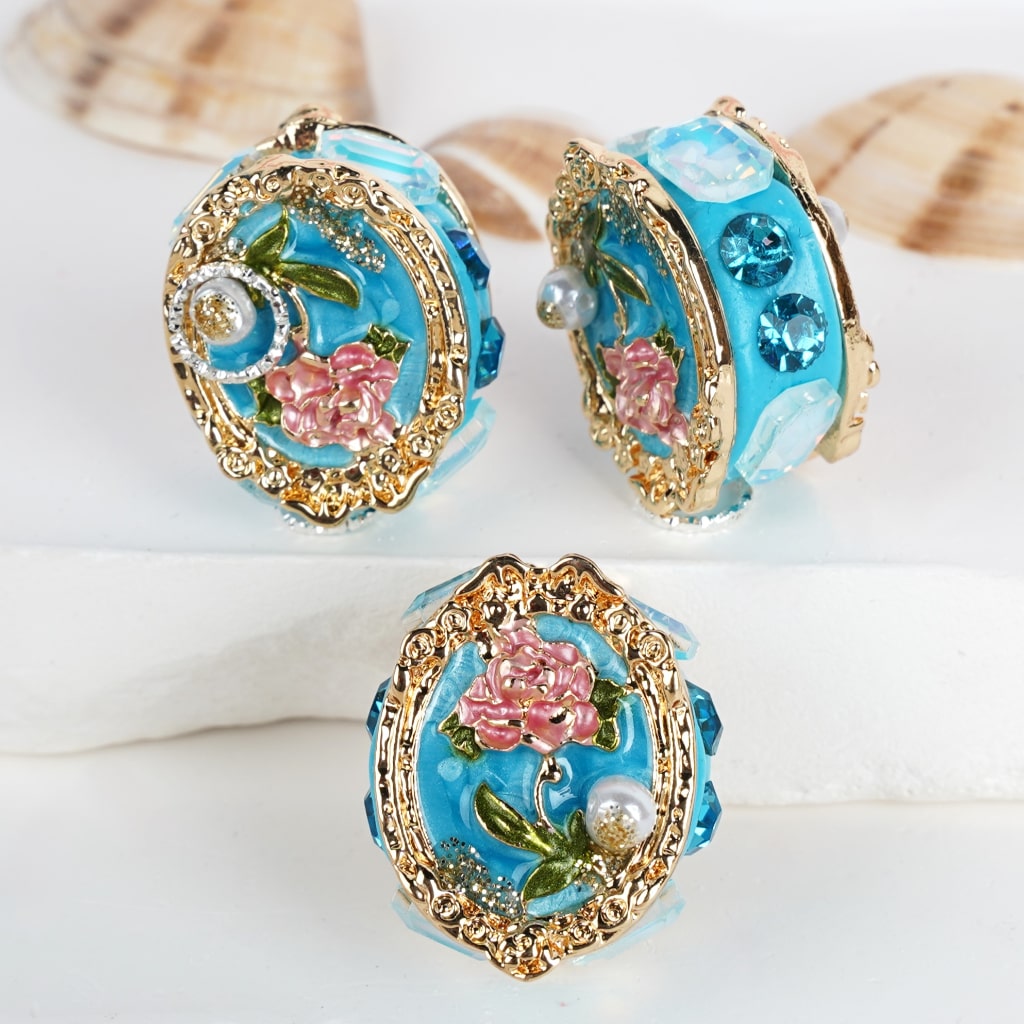 Fancy Gold Alloy Oval Shape with Pink Tulip, Clear Rhinestones, White Pearls, and Clay Beads, Around 32*24mm