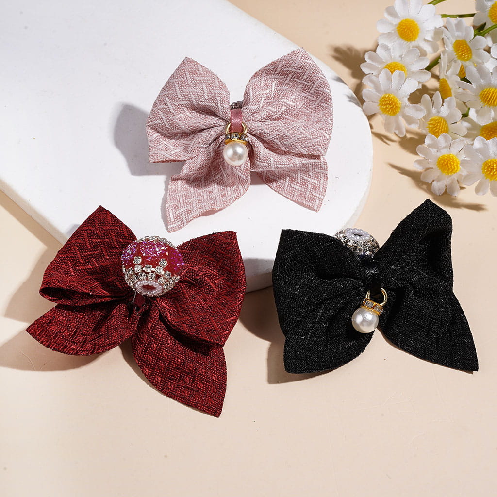 Elegant Fabric Butterfly Bowtie Shape with Gold Pendant, Clear Rhinestones & White Pearl Chains, Glitter Details, Handmade Acrylic Bead, Multi-Color Random Mix