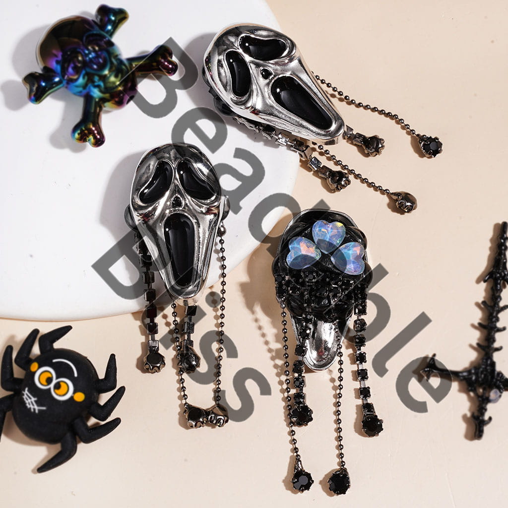Gothic Style Clay Beads with Metal Horror Mask, Black Rhinestone Tassel and Dazzling Heart Crystal